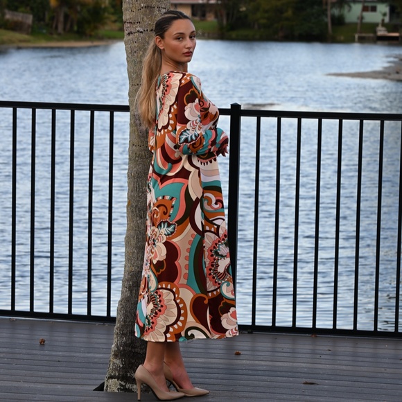 DEVORAH'S SECRET Modest Midi Dress Modern Floral Brown/Teal/Orange/Regular& Plus - Picture 6 of 6